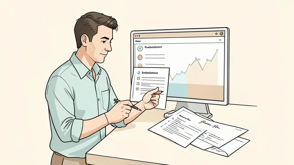 Editorial photograph of a trader reviewing an evaluation checklist beside a trading platform, payment receipt and unsigned contract visible, no text, no logo