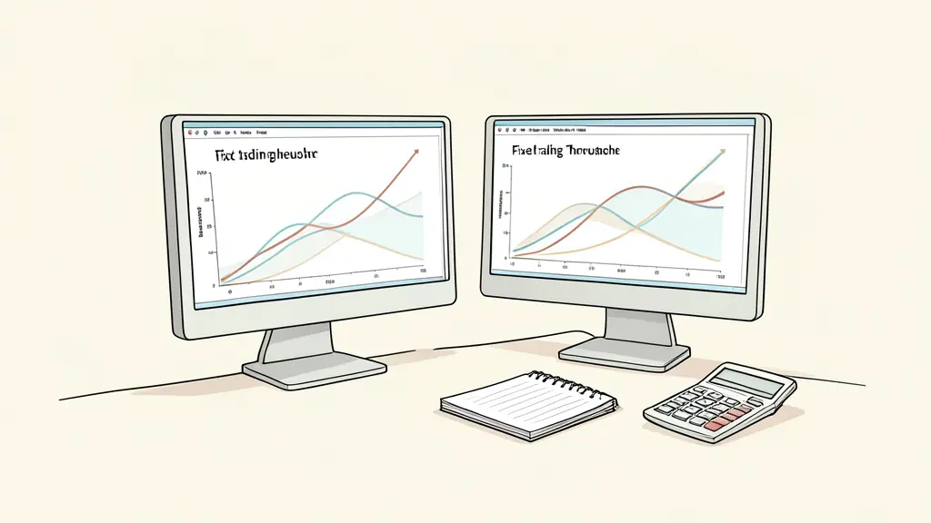 Editorial photograph of a risk manager comparing fixed and trailing threshold curves on two computer screens, account balance notebook and calculator on desk, no text, no logo